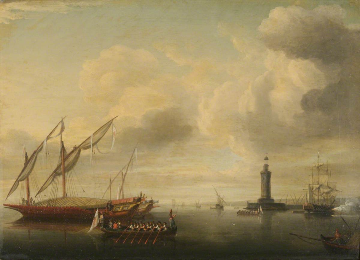 Harbour Scene with a Lighthouse and a Barge Being Rowed Past a Maltese Galley