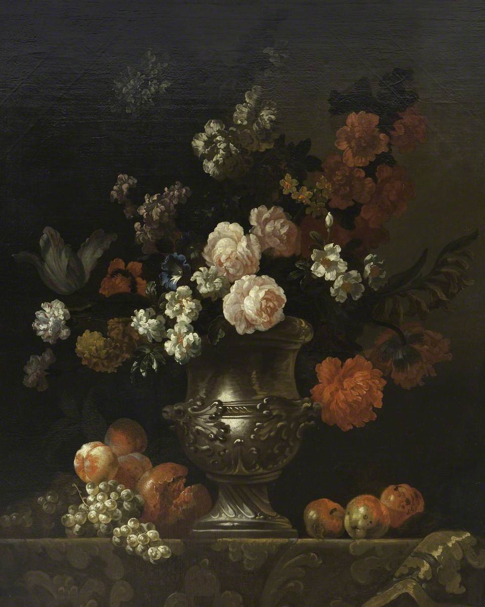 Still Life of a Silver Urn with Flowers and Fruit on a Ledge
