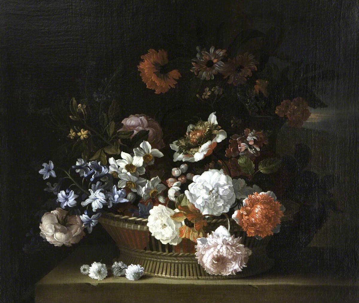 Flowers in a Basket on a Ledge