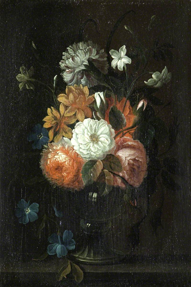 Still Life of Flowers in a Vase on a Ledge