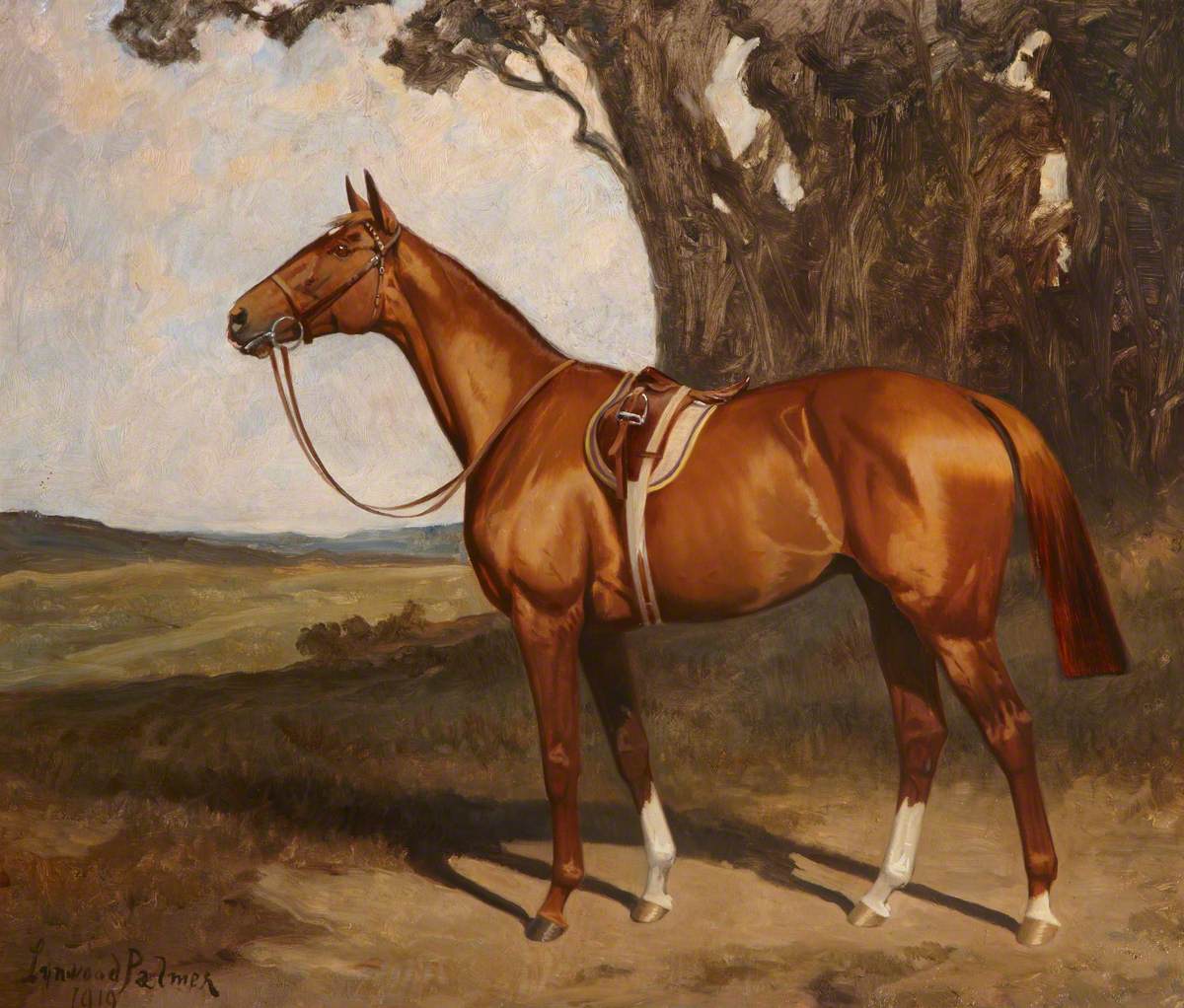 'Benevente', a Saddled Chestnut Racehorse in a Landscape