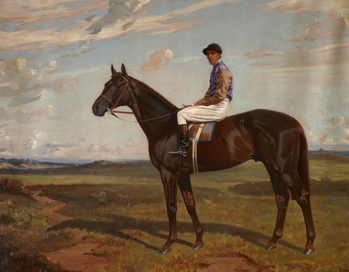'Polemarch', a Bay Racehorse on a Heath, with Jockey Up