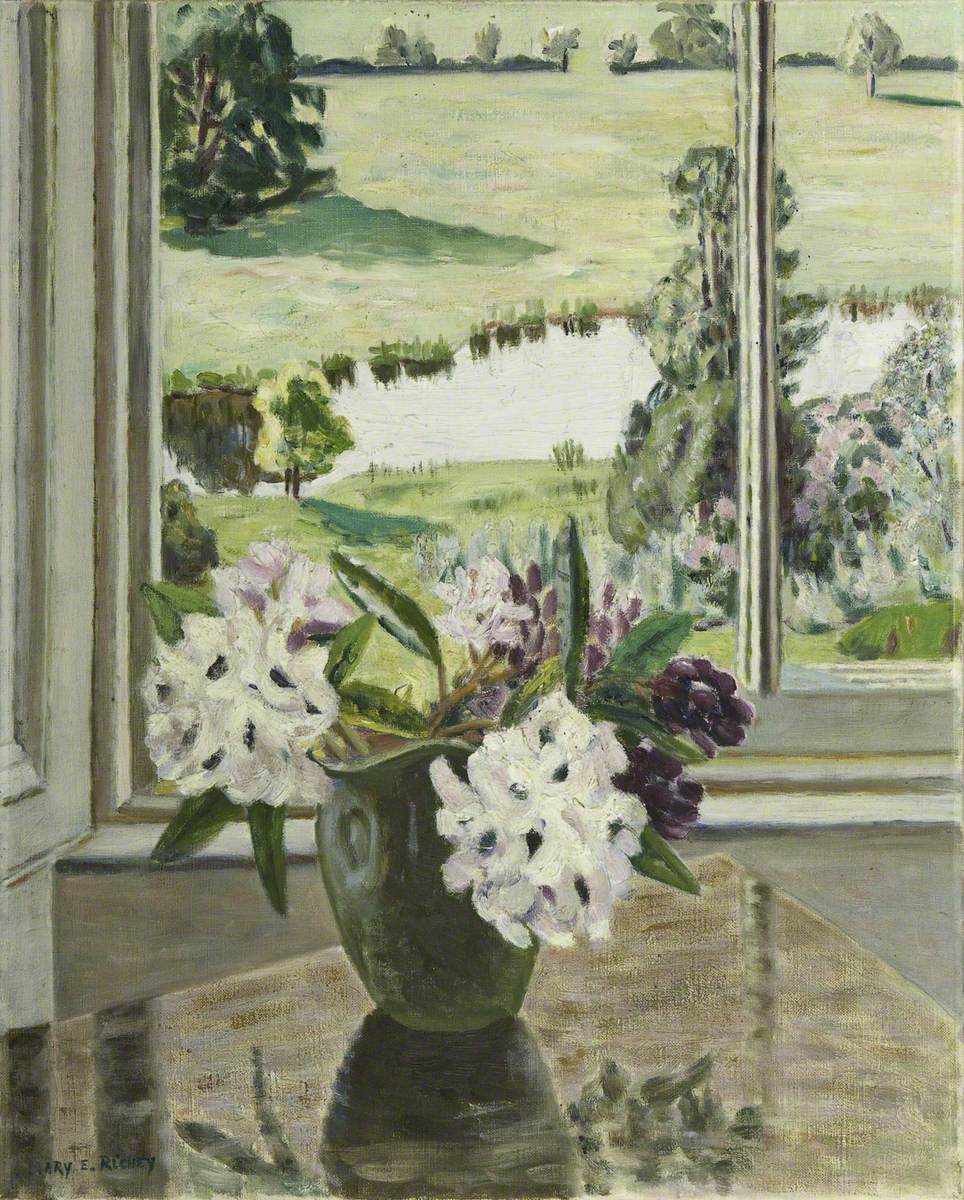 Rhododendron Flowers in a Vase with a View through a Window
