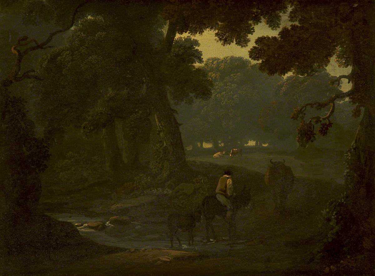 Wooded Landscape with a Herdsman Crossing a Stream on a Donkey