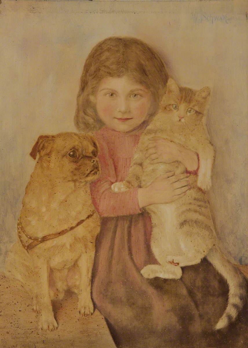 Child with Pet Cat and Dog