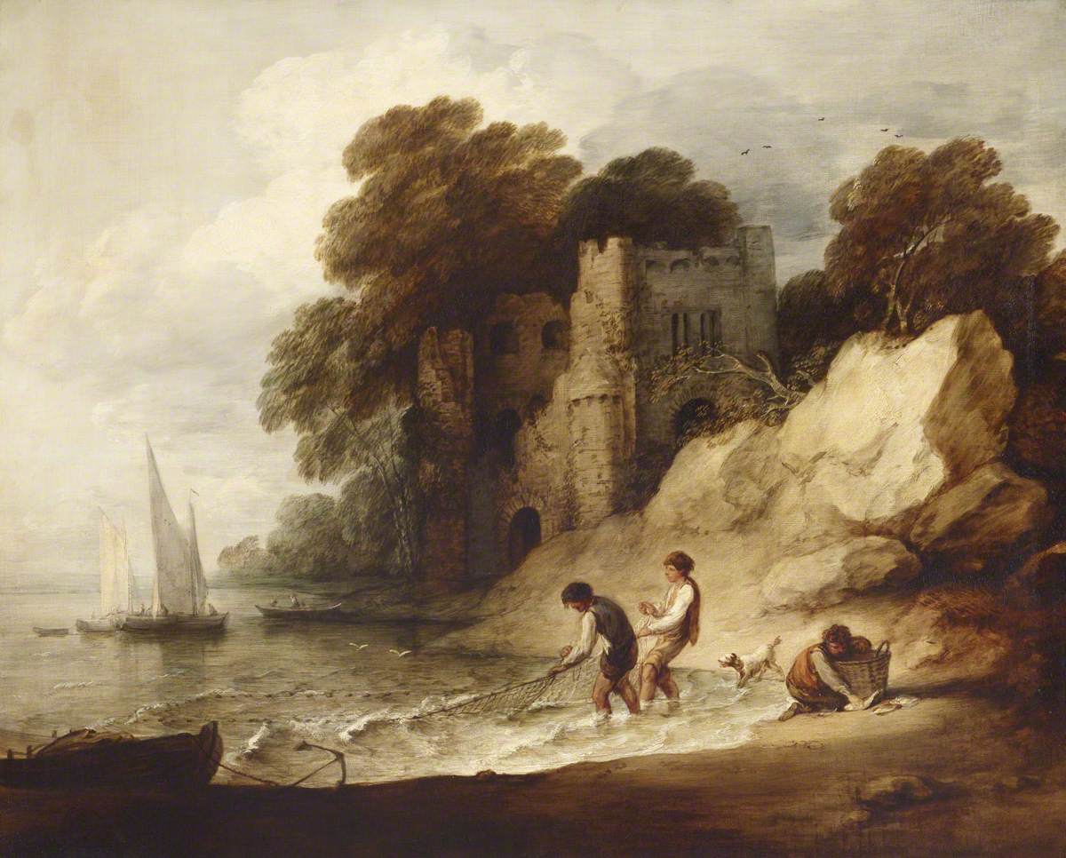 Rocky Coastal Scene with a Ruined Castle, Boats and Fishermen