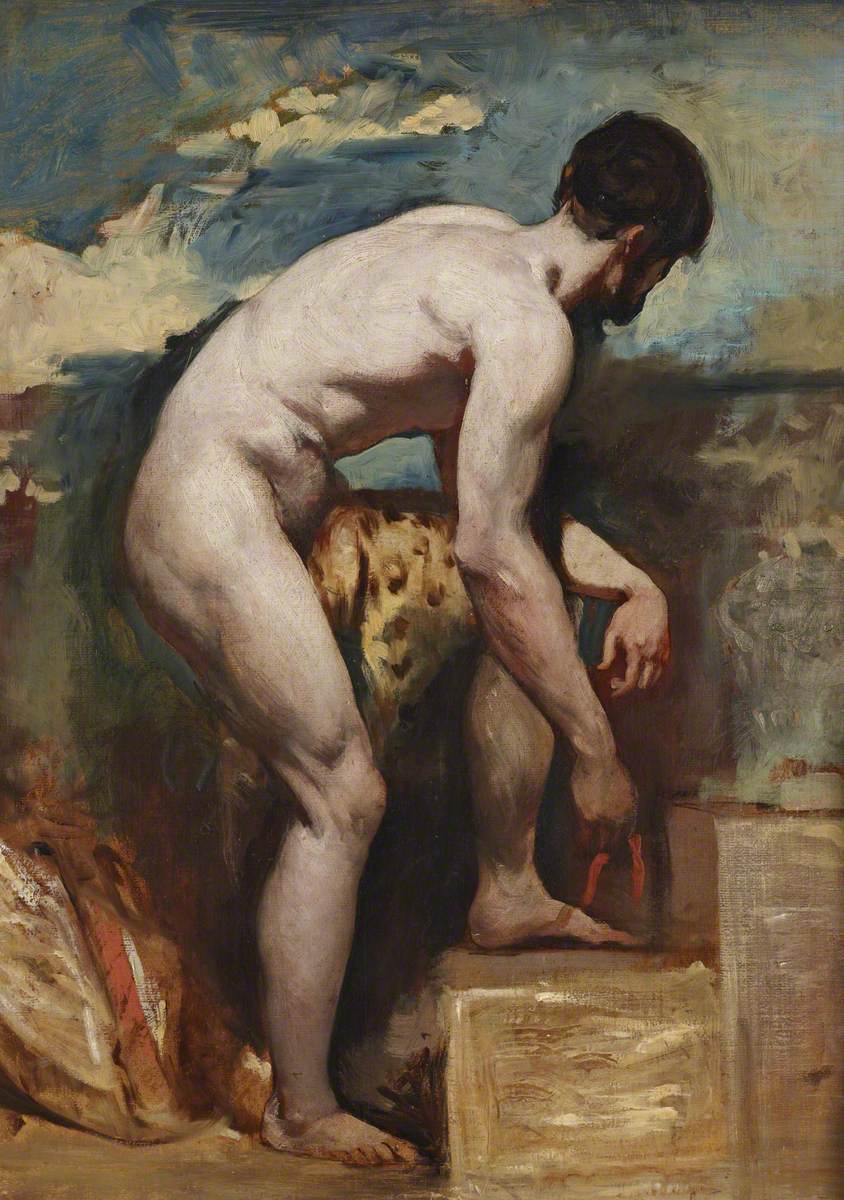 An Academic Nude of a Man Tying His Sandal