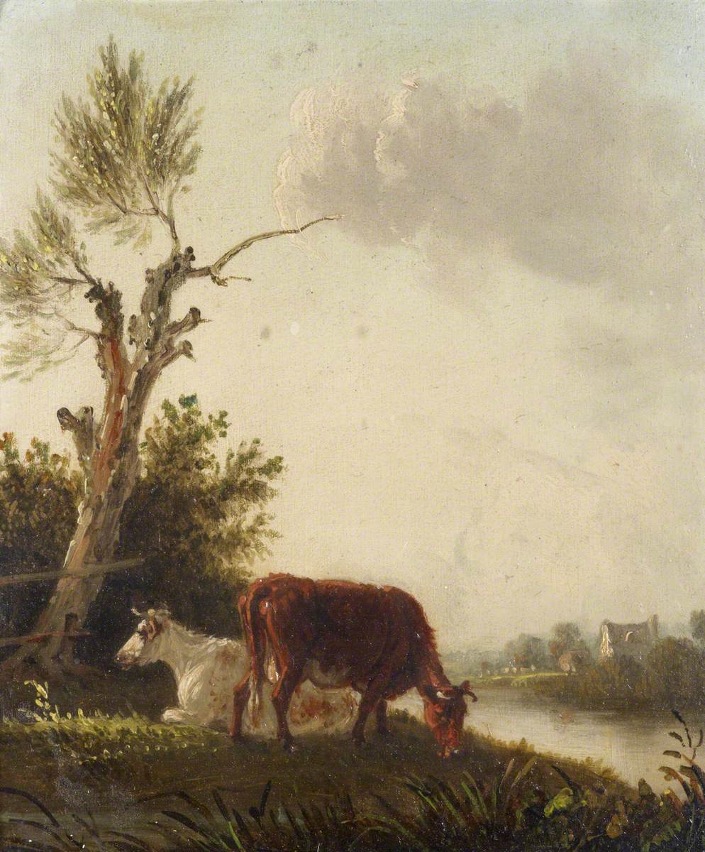 Two Cows by a Stream