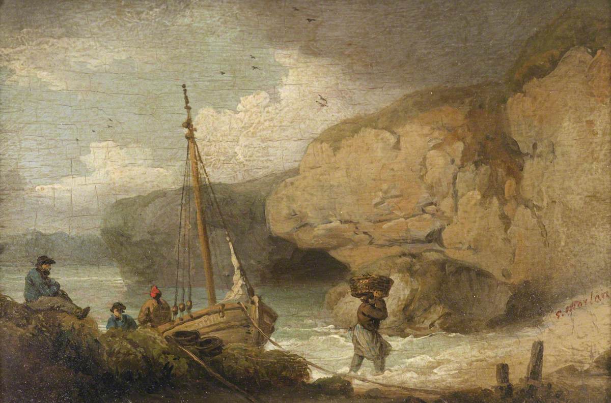 Fishermen Unloading a Boat in a Rocky Inlet