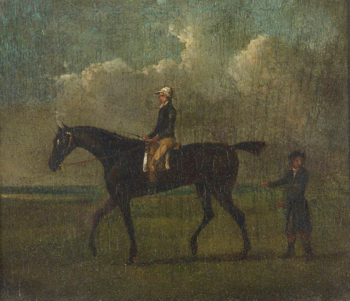 A Racehorse with Jockey up and an Attendant