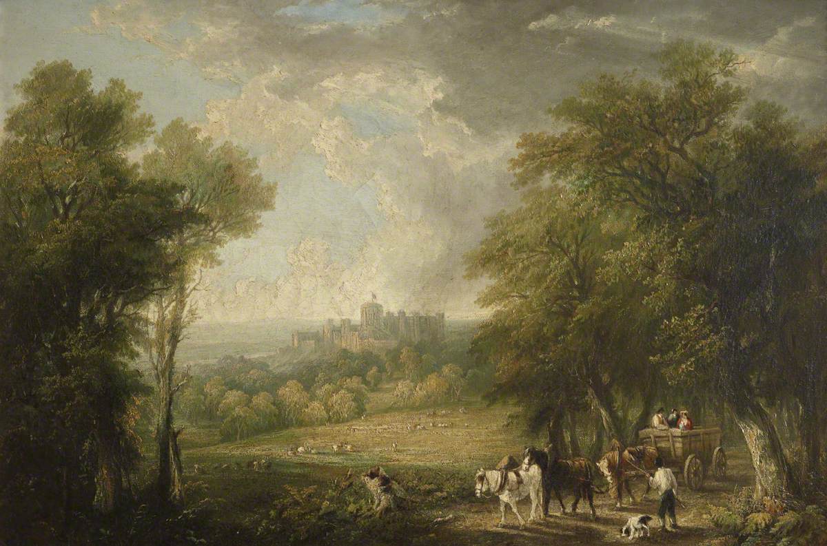 View of Windsor from the Forest with Travellers in a Horse-Drawn Cart