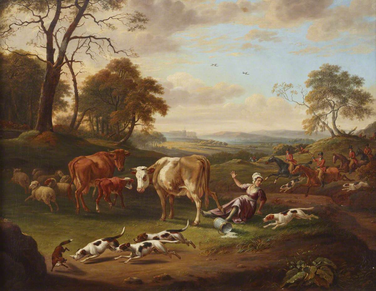 The Royal Buckhounds, Chasing a Fox and Upsetting a Milkmaid, with Windsor Castle in the Distance