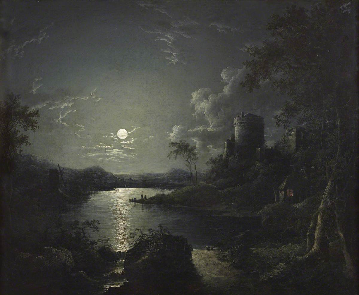 Moonlit River Scene with a Tower and a Cottage