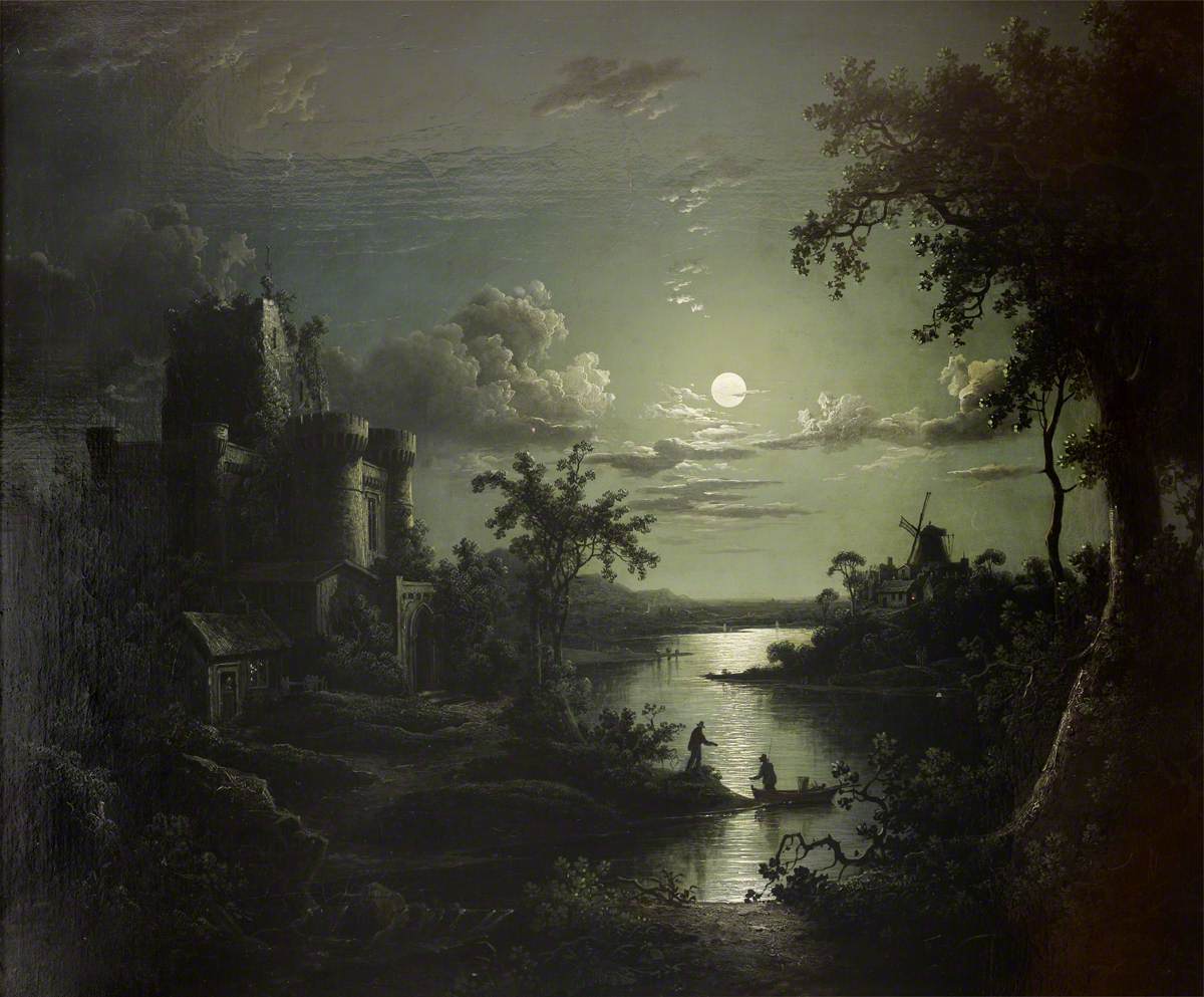 Moonlit River Landscape with a Castle, a Windmill, and Boatmen
