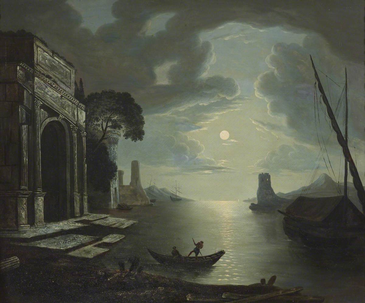 A Moonlit Harbour with Boatmen and a Triumphal Arch