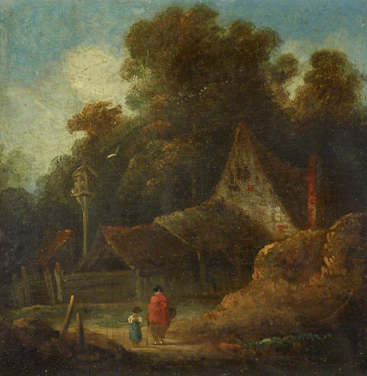 Two Figures by a Tumbledown Cottage