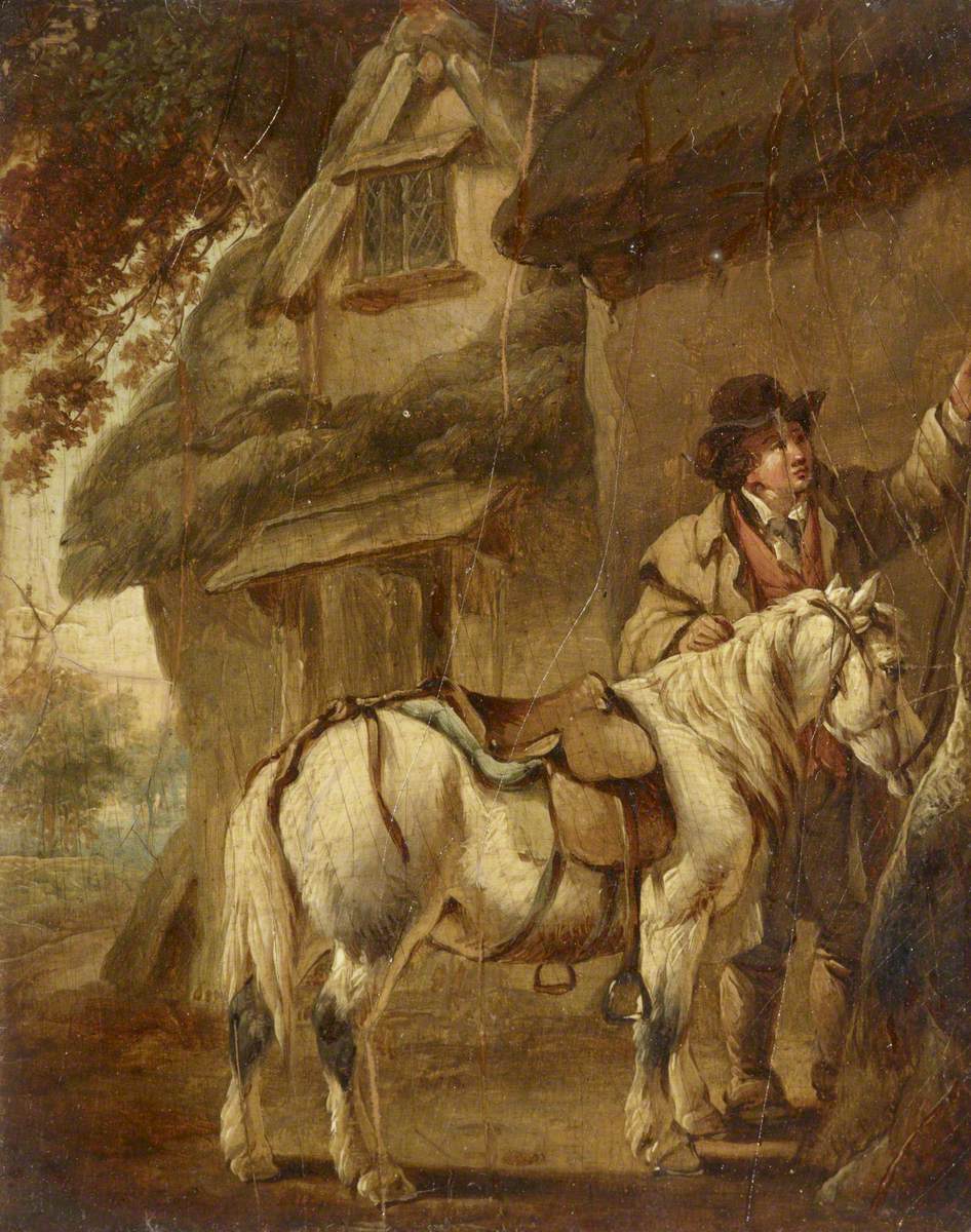 Man with a Pony outside a Cottage