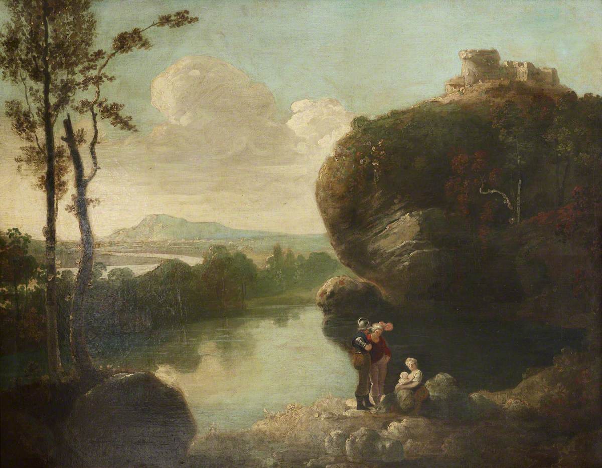 Classical Landscape with a Lake, a Castle and Figures