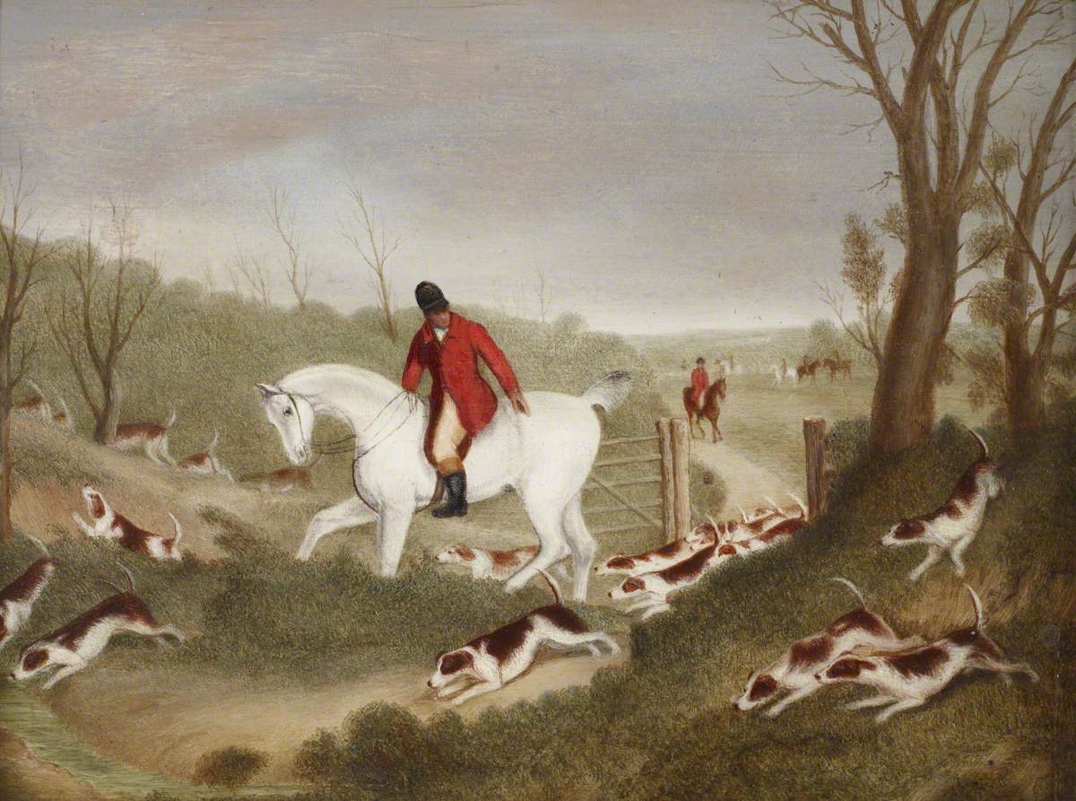 Hunting Scene: A Huntsman Encouraging Hounds through a Gate
