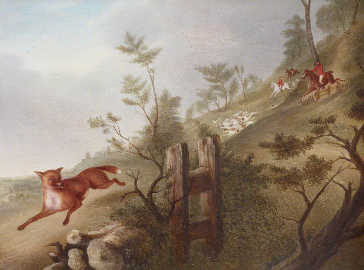 Hunting Scene: A Fox Followed by Hounds and Huntsmen in Full Cry