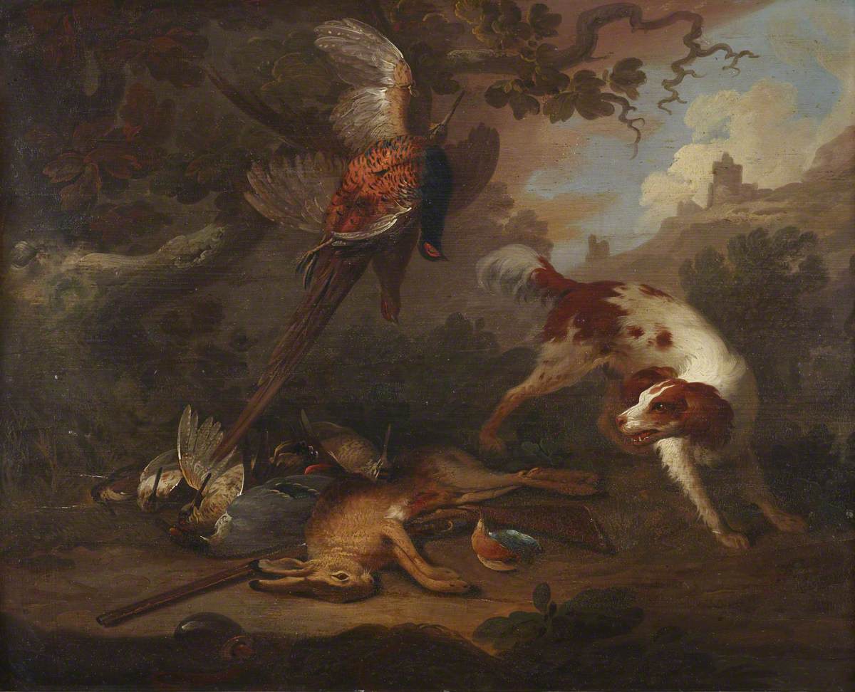 A Spaniel with Dead Game and a Gun in a Landscape