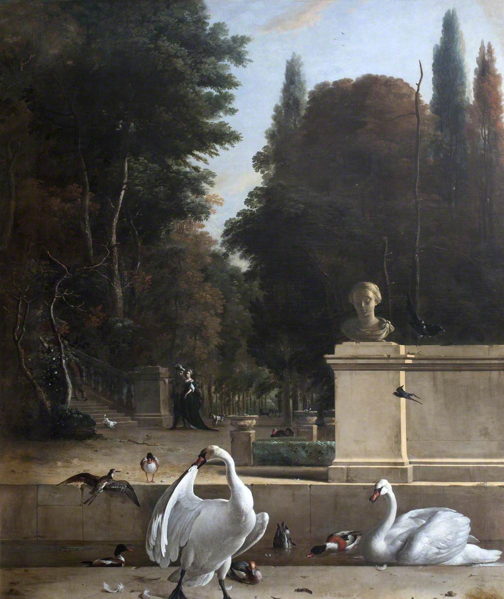 View of a Park with Swans and Ducks