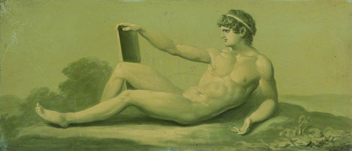 One of a Set of 16 Mythological Panels, Painted in Shades of Green: A Reclining Male Nude
