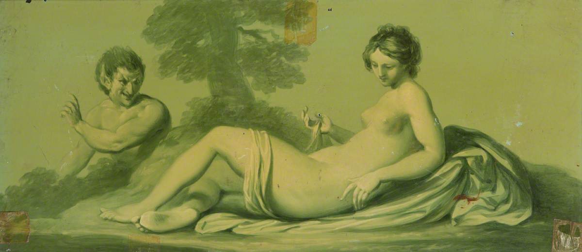 One of a Set of 16 Mythological Panels, Painted in Shades of Green: A Reclining Nude and a Satyr