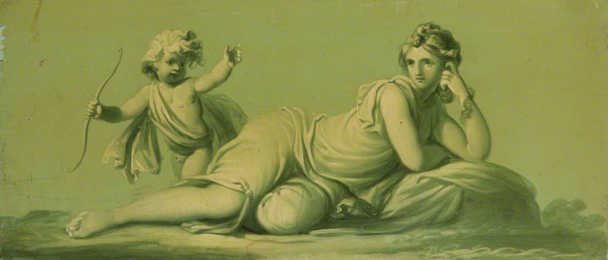 One of a Set of 16 Mythological Panels, Painted in Shades of Green: Venus and Cupid (?)