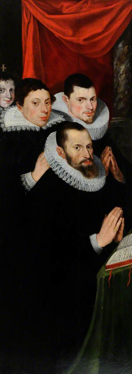 Part of a Diptych: Four Donor Figures of Men, Dressed in Black with White Ruffs, Praying 