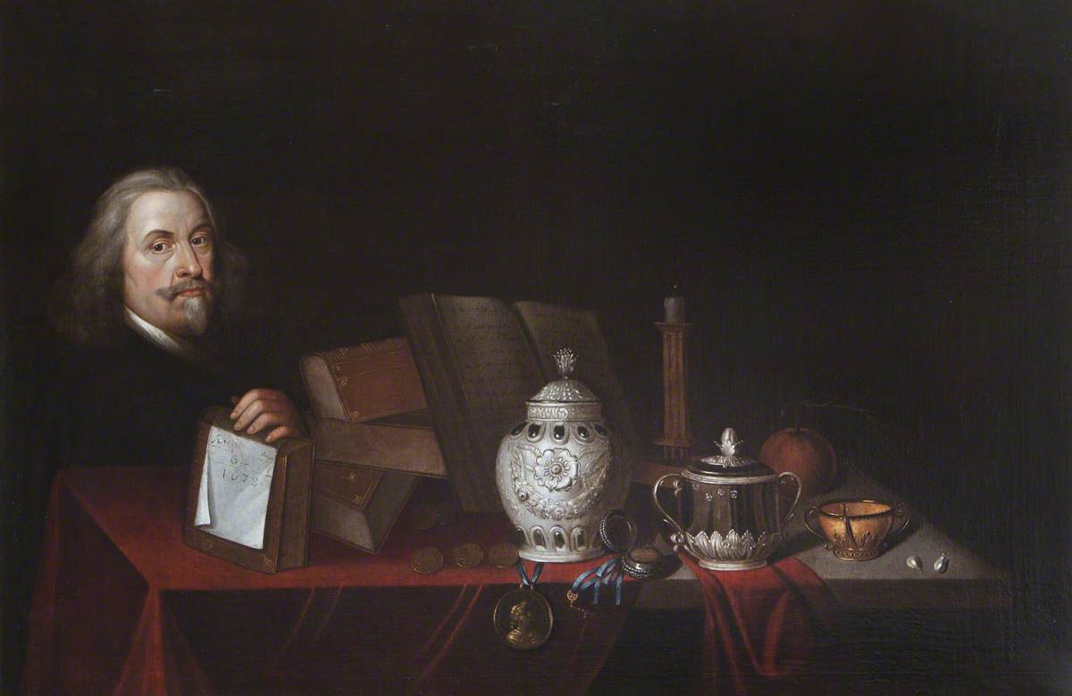 Self Portrait, Aged 64, with a Still Life of Vases, Books and a Medal