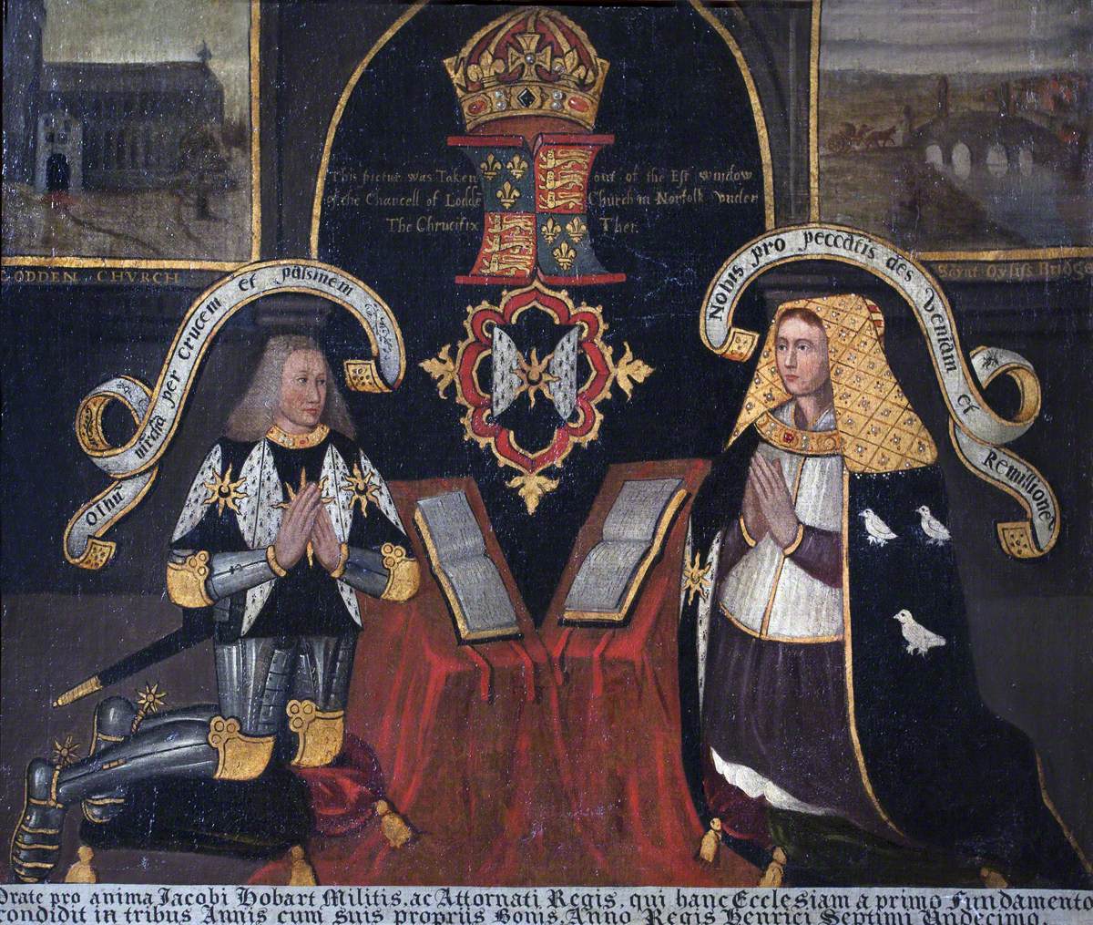 A Copy of the East Window in Loddon Church, with the Kneeling Figures of Sir James Hobart (1436–1507), PC, MP, JP, and His Third Wife, Margaret Naunton (d.1494), Lady Hobart, the Widow of John Dorward
