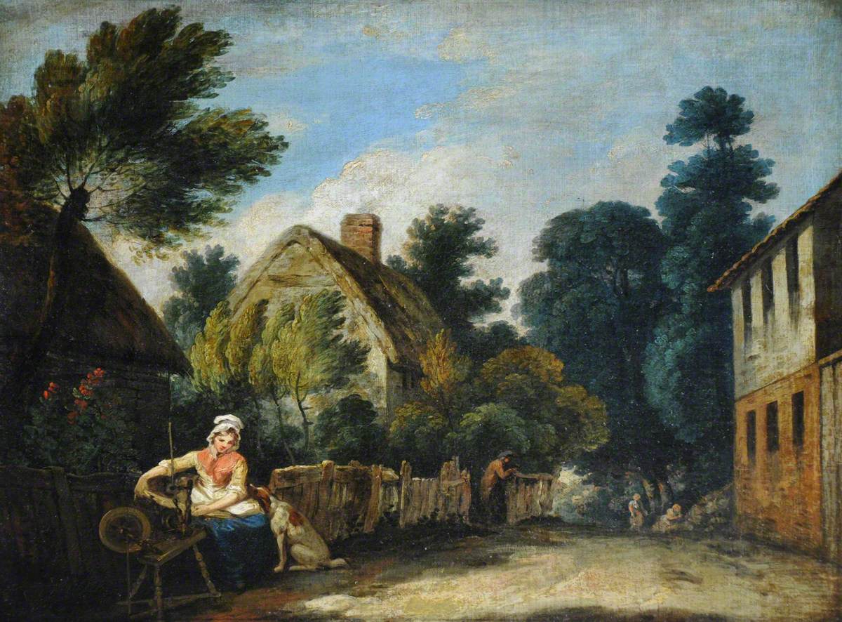 A Woman Spinning in a Farmyard Setting