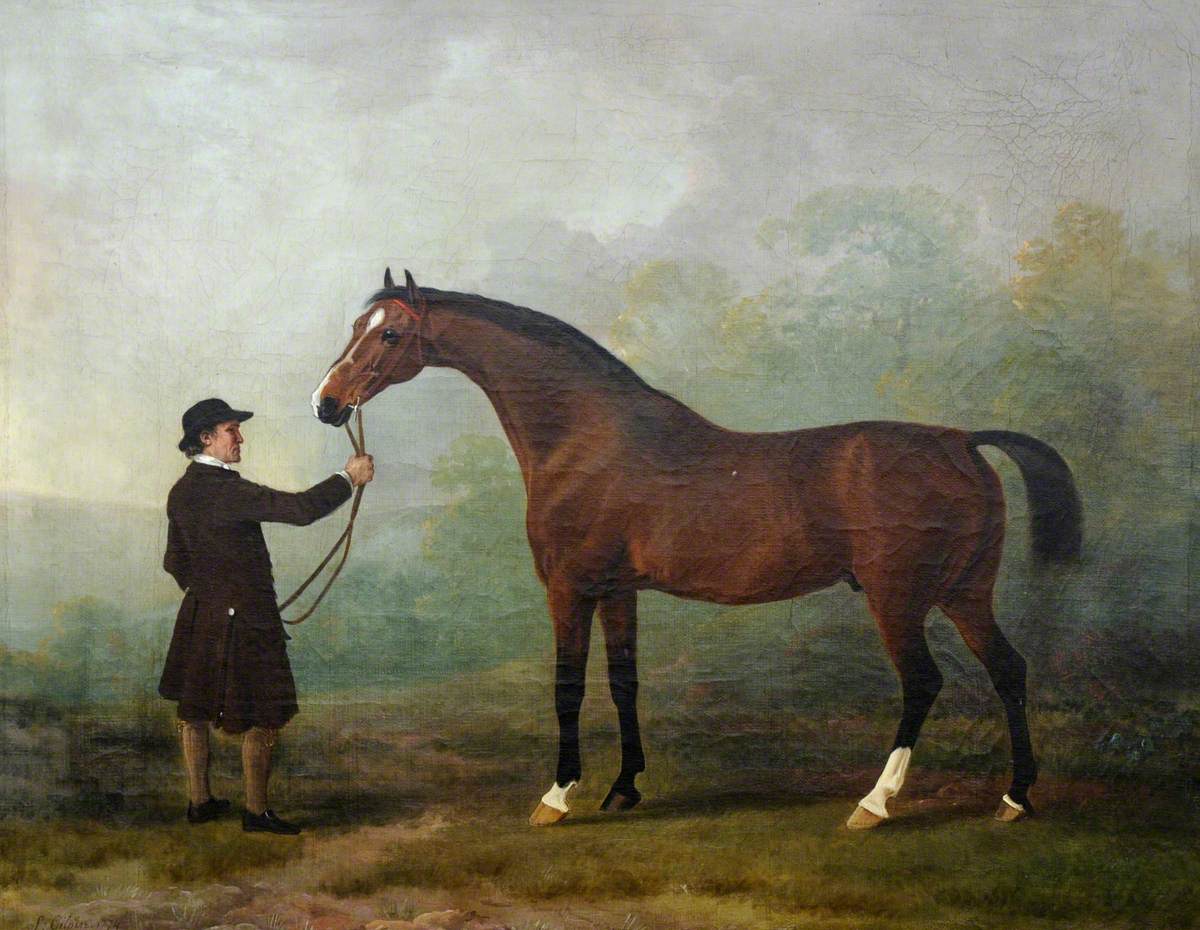 'Jason', a Bay Racehorse, with a Groom in a Landscape