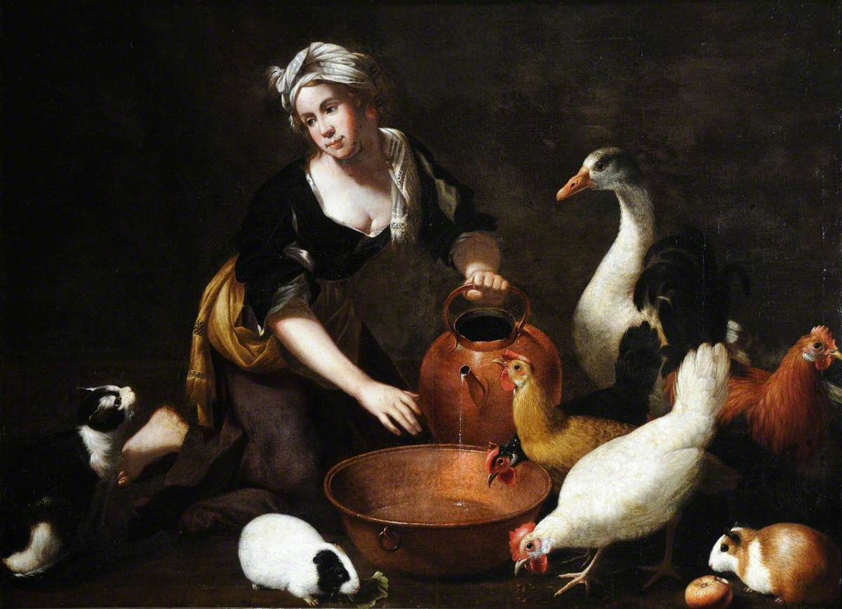 A Young Cookmaid Watering Poultry, with a Cat and Guinea Pigs