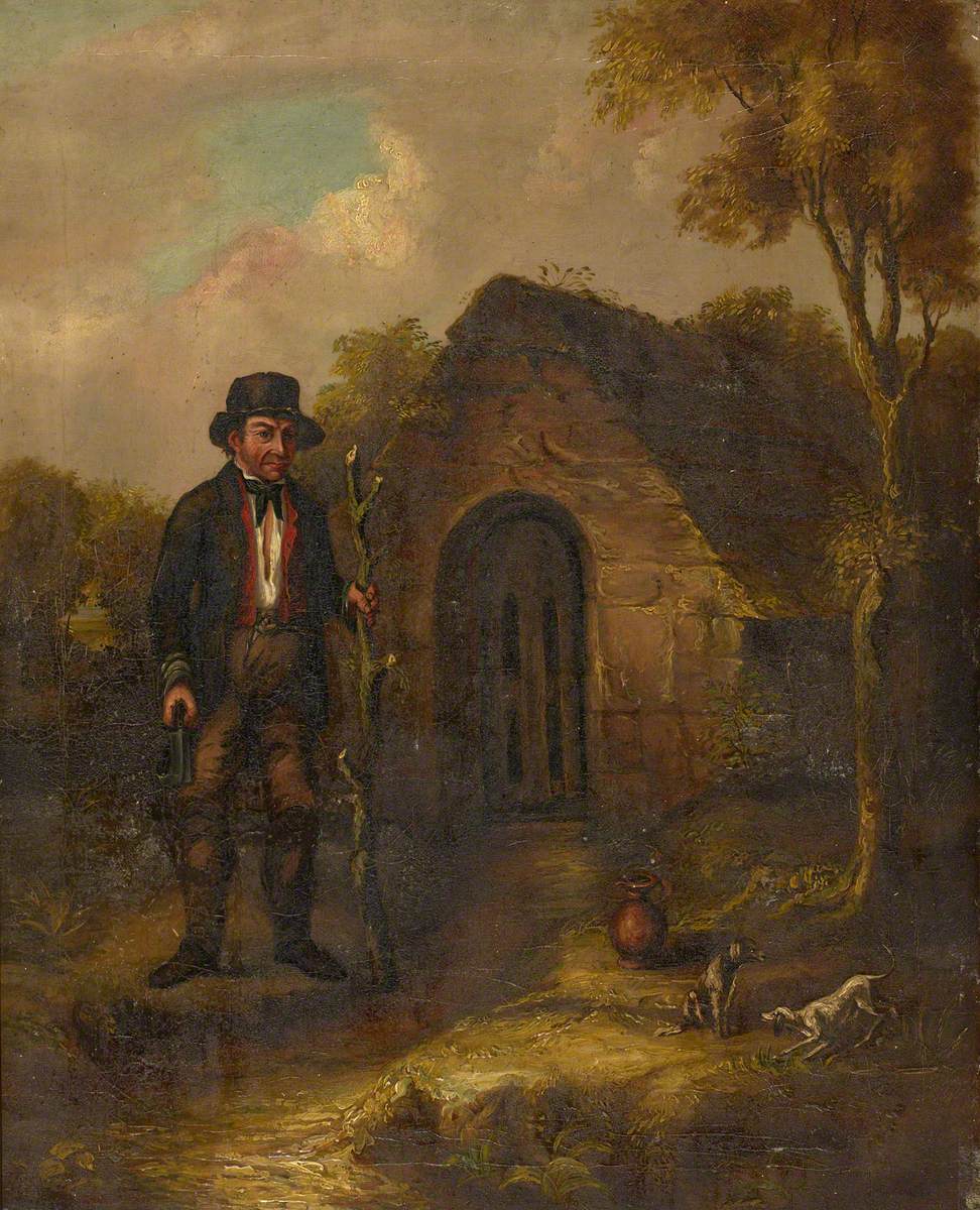 A Rustic Male Standing beside Norwell with Two Dogs
