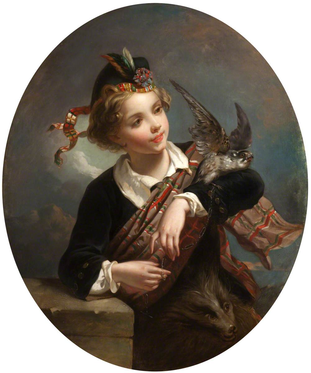 A Young Boy in Highland Dress with a Hawk