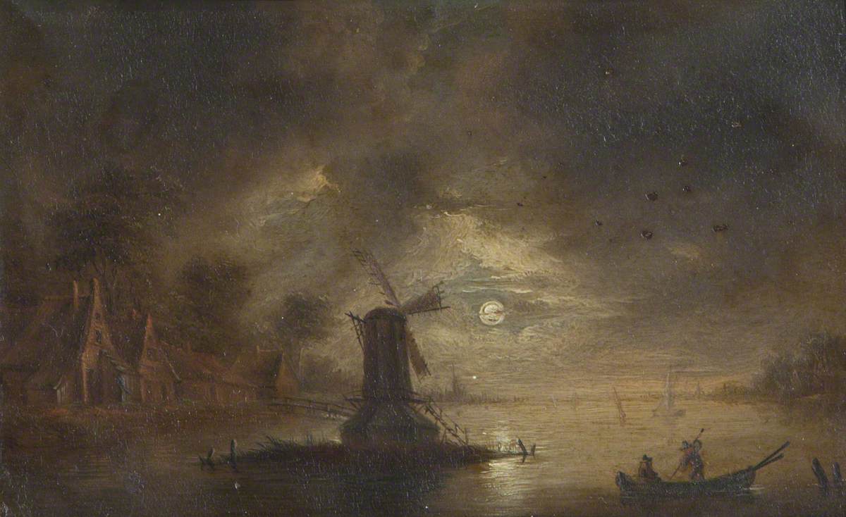 River Scene at Night, with a Windmill