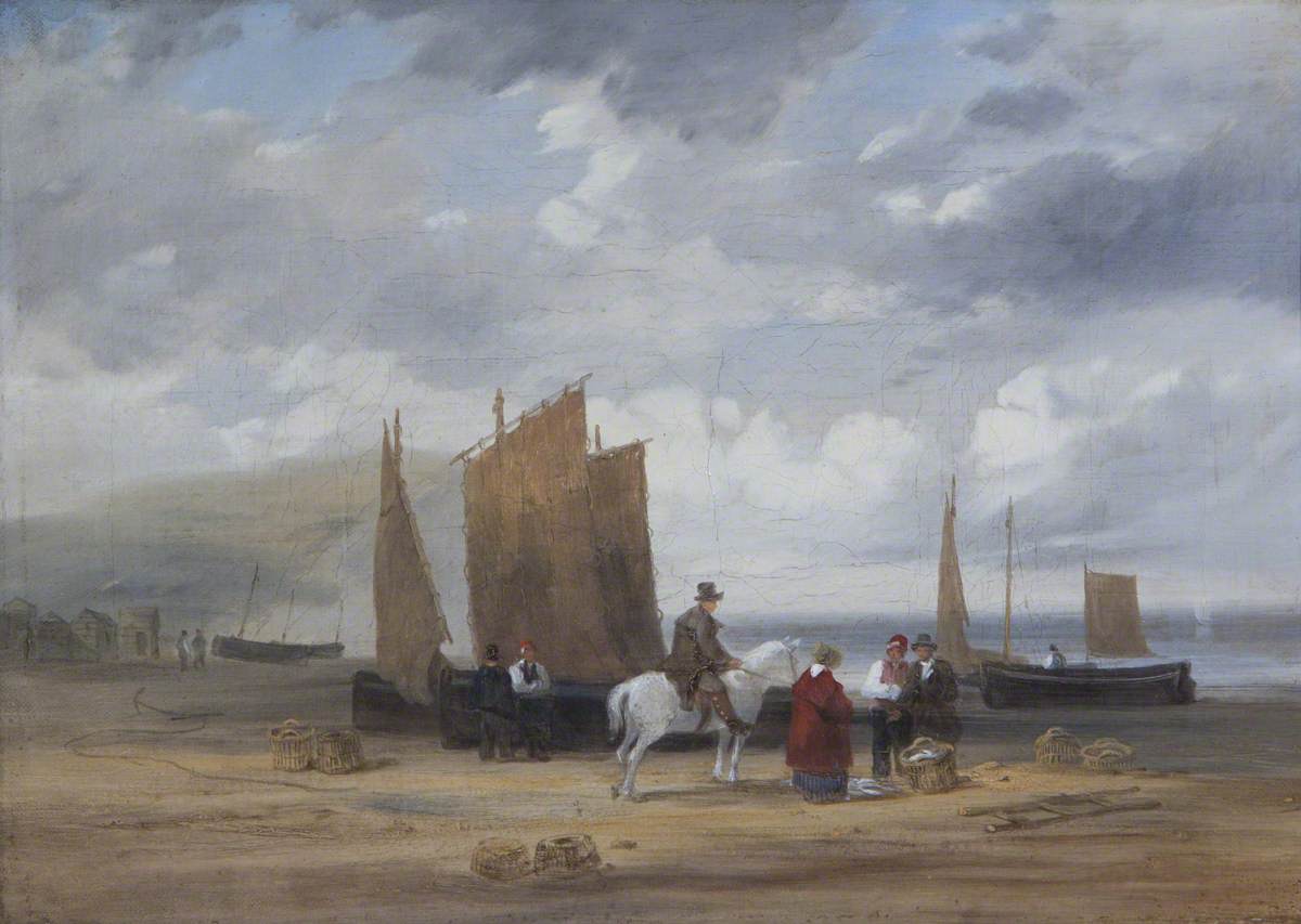 Boats and a Man on a White Pony on a Norfolk Beach