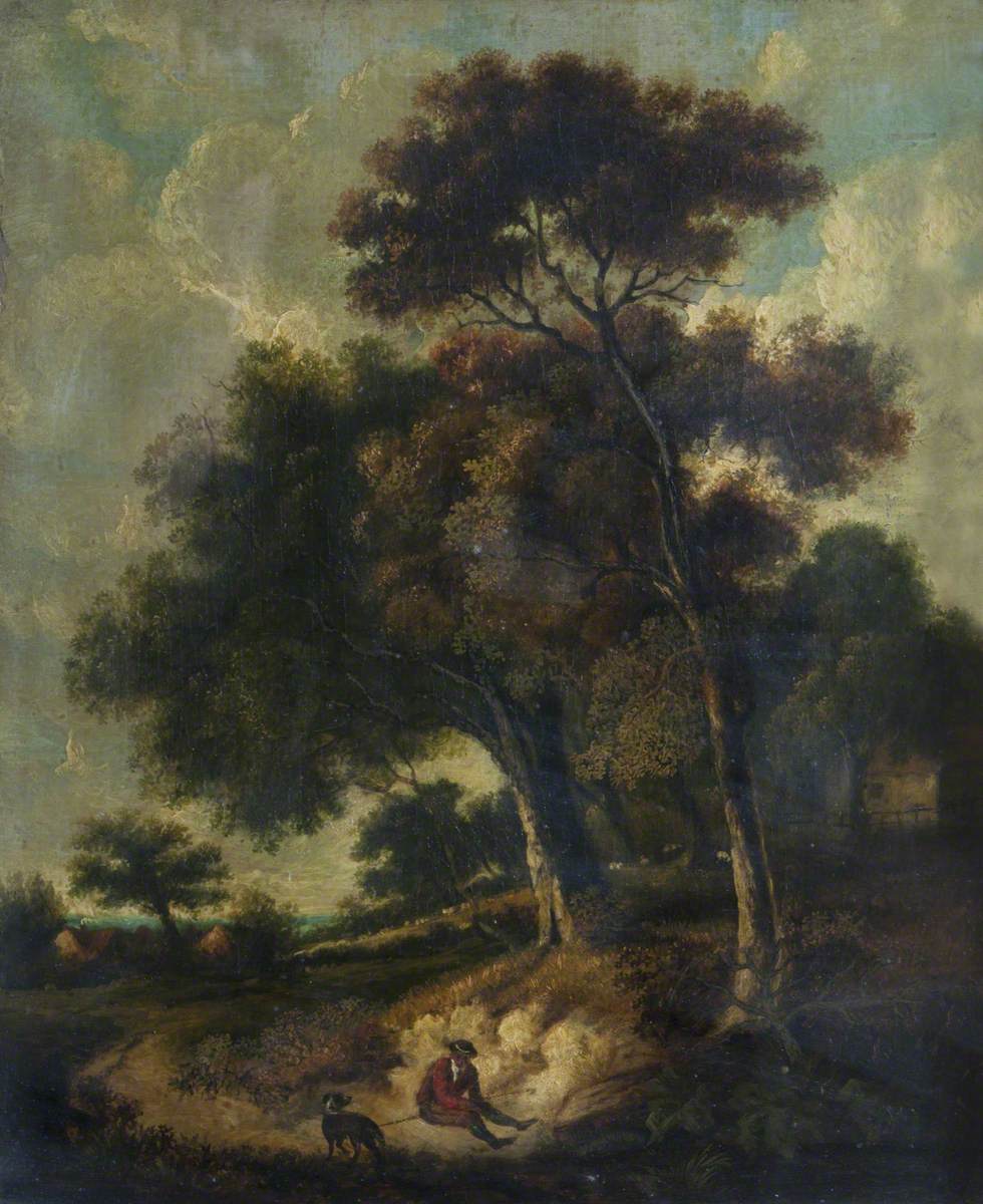 Man and Dog on a Path in a Wooded Landscape