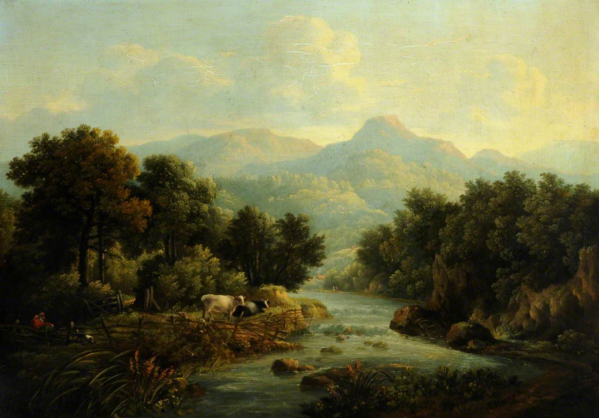 Wooded Landscape with Cows at a Riverbank