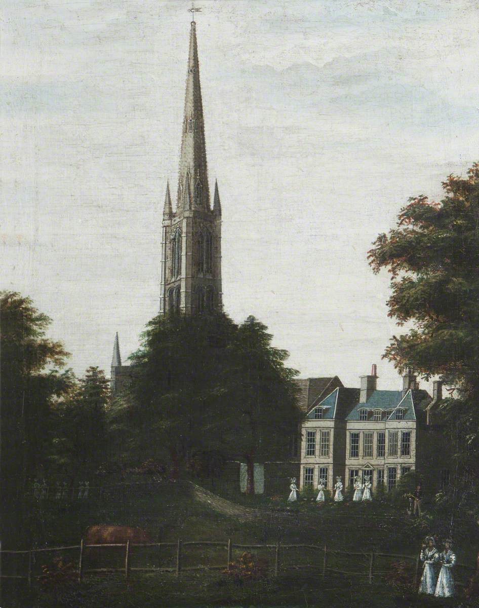 Grantham House, with the Spire of St Wulfram's, with Seven Schoolgirls in White and a Gardener