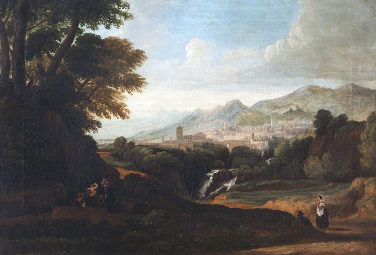 Italianate Landscape, with a Town, a Waterfall and Figures