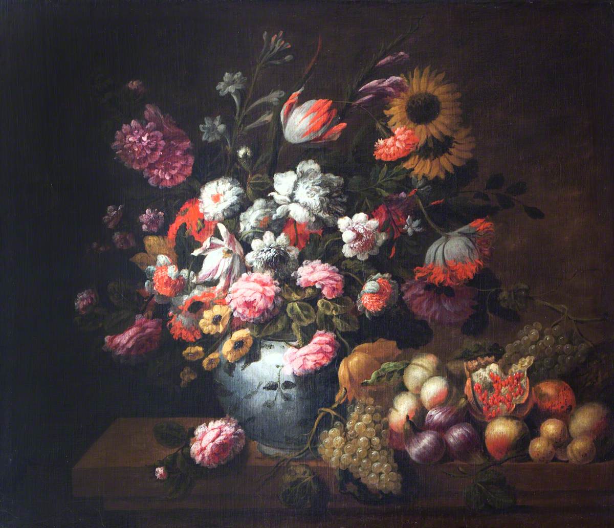 Tulips, Roses and Other Flowers in a Porcelain Bowl, and Fruit, on a Ledge