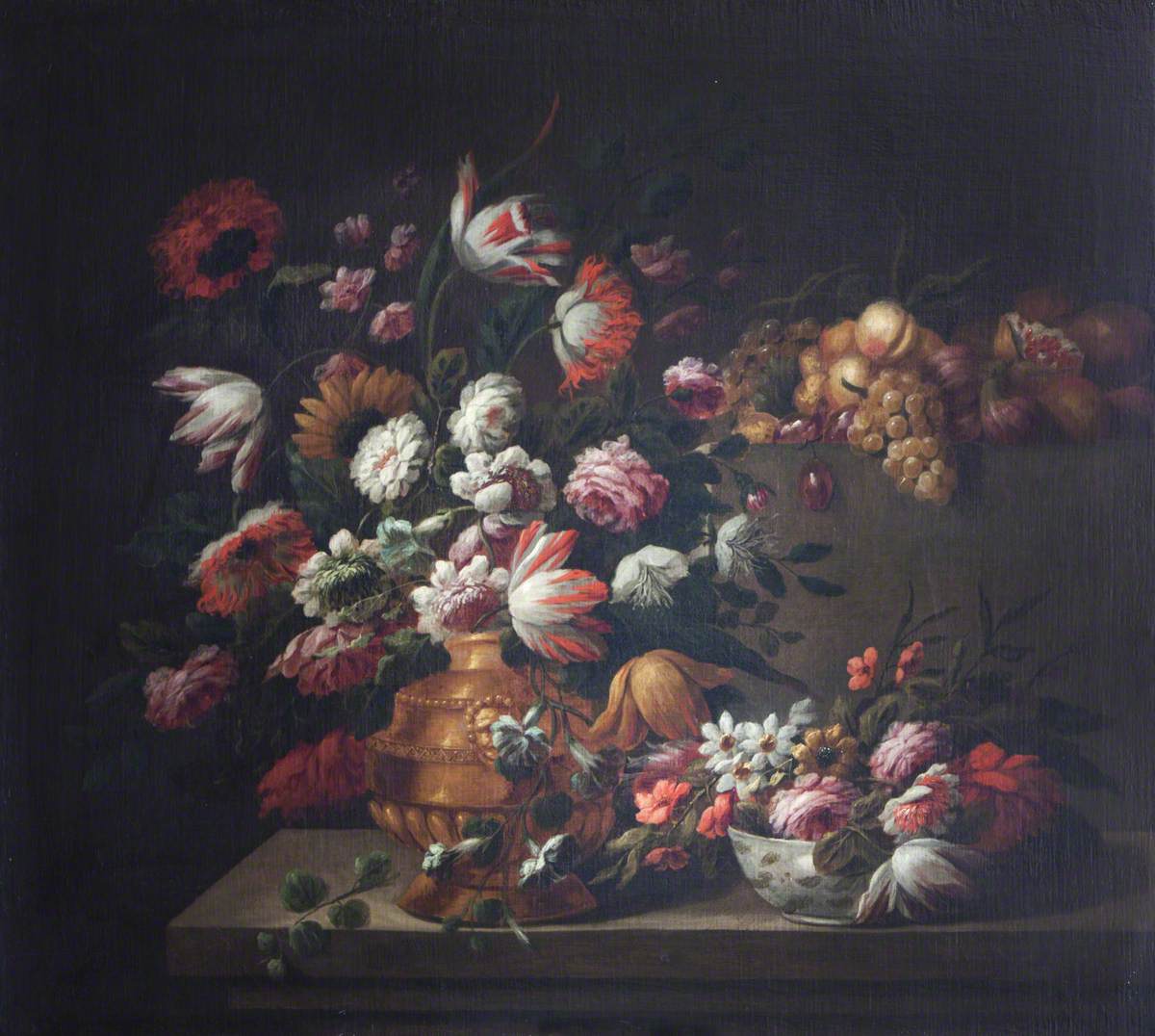 Tulips, Roses and Other Flowers in a Golden Vase and in a Porcelain Bowl, and Fruit on a Pedestal