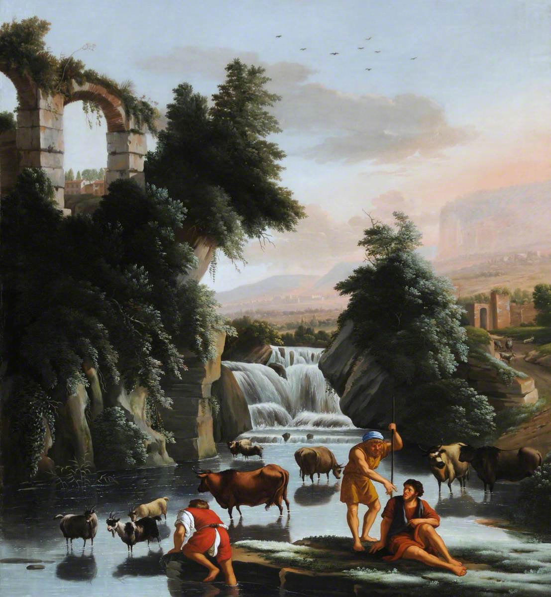 Herdsmen and Cattle by a Waterfall with Classical Ruins behind