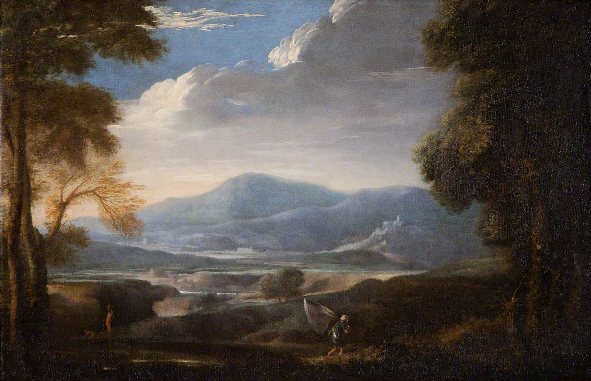 Mountain River Landscape with a Fisherman Carrying a Large Net