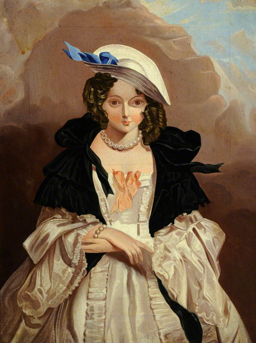 Portrait of an Unknown Woman in a Black Tippet, Straw Hat and Pearls
