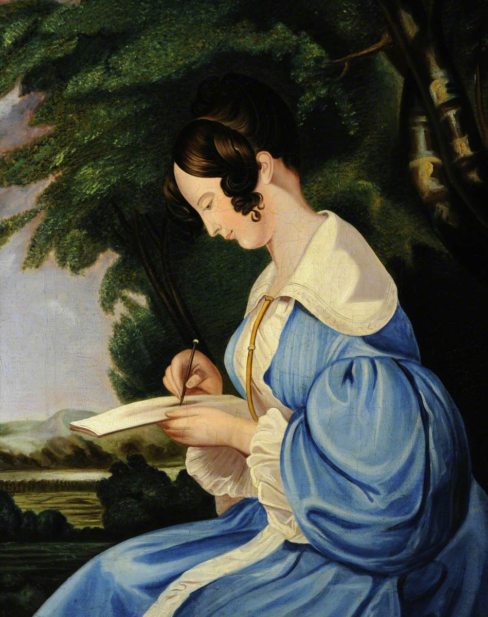A Young Woman in a Blue Dress, Sketching