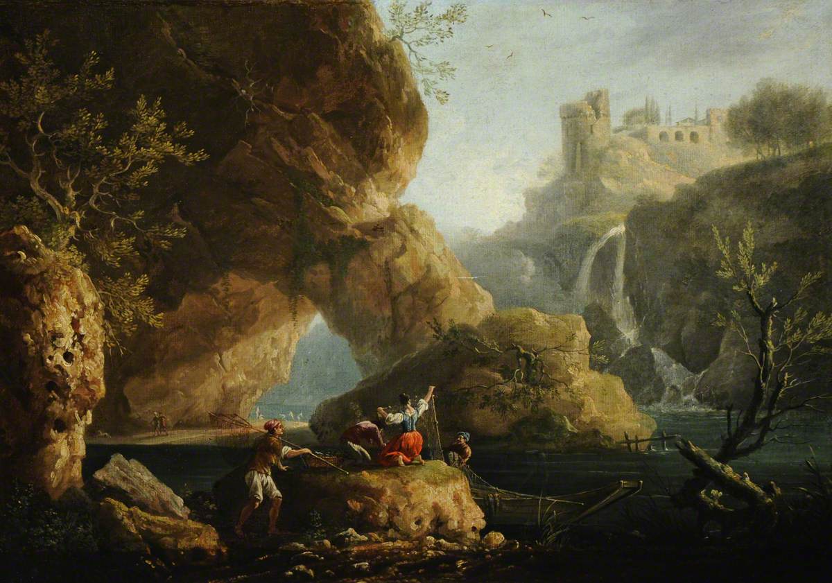 A Rocky Landscape with Fishermen Mending Nets by the Falls at Tivoli